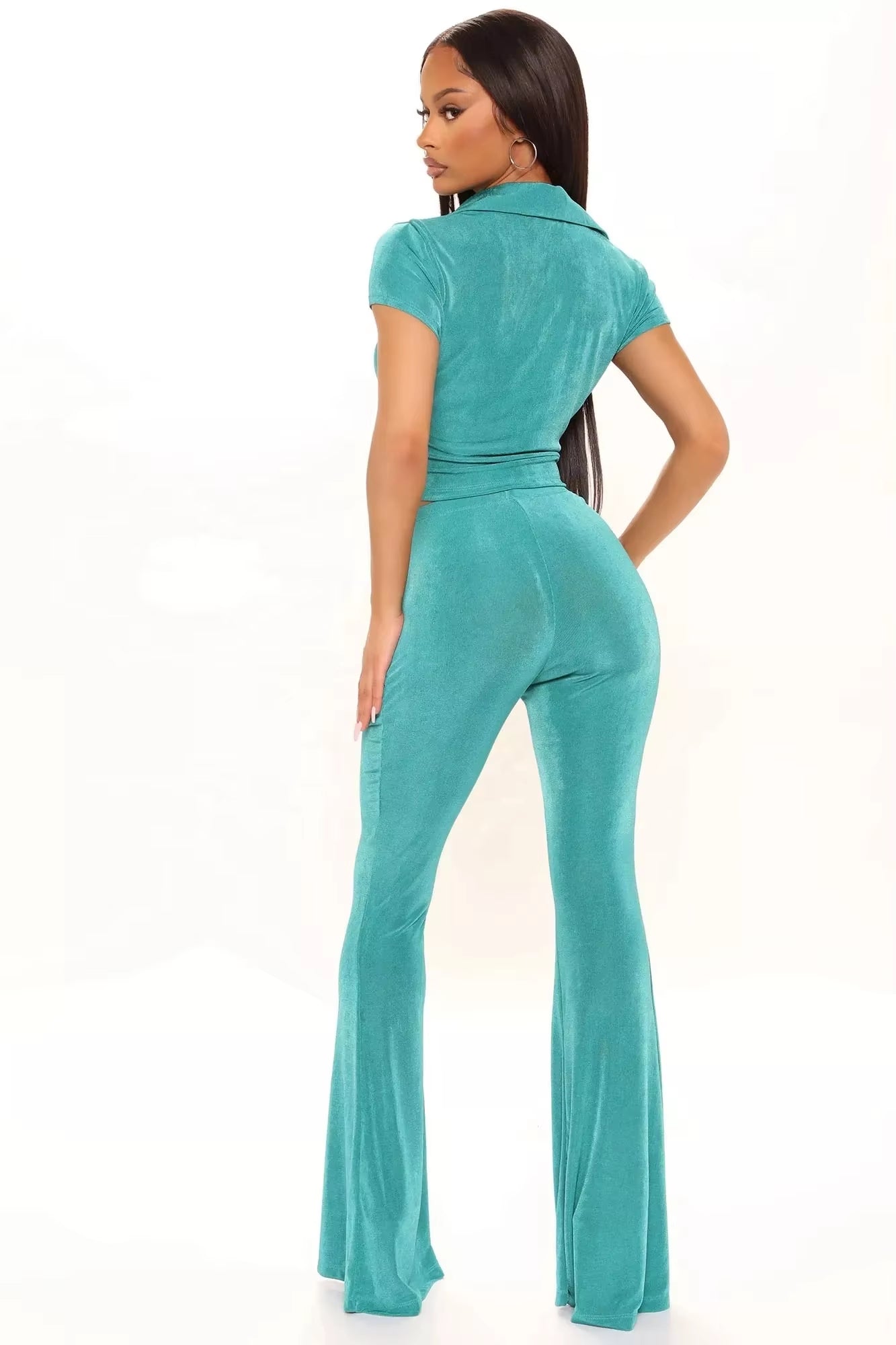 New Arrivals plus Size Short Sleeve Crop Top Casual Women Outfits High Rise Flare Leg Slinky Pant Womens Two Piece Sets