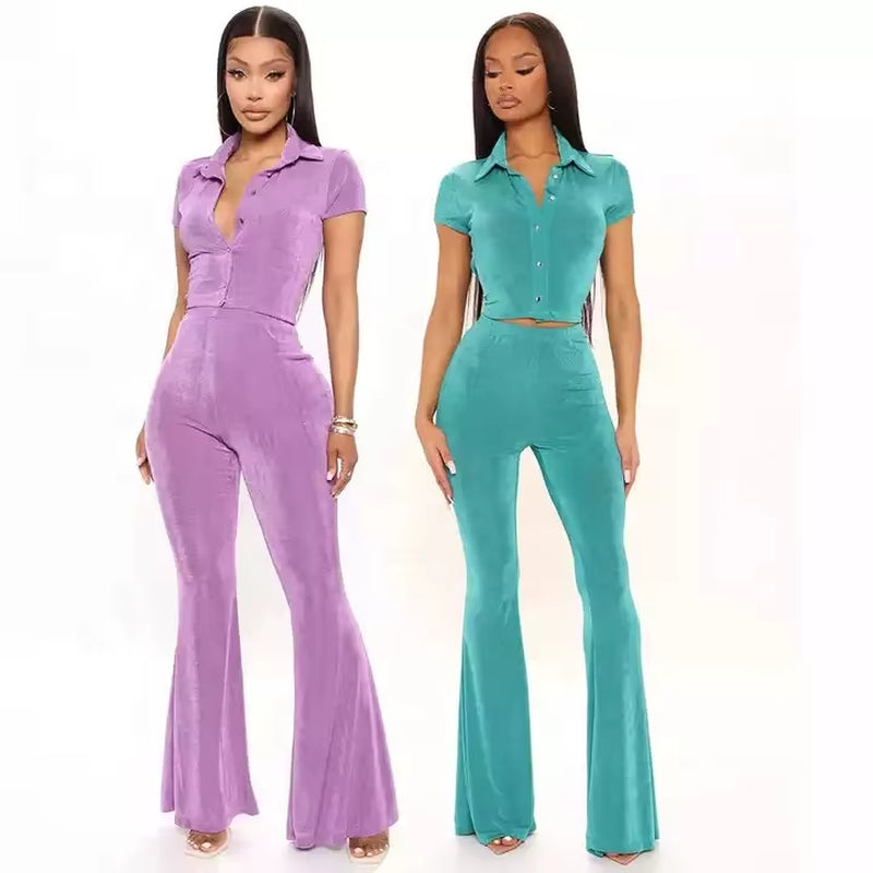 New Arrivals plus Size Short Sleeve Crop Top Casual Women Outfits High Rise Flare Leg Slinky Pant Womens Two Piece Sets