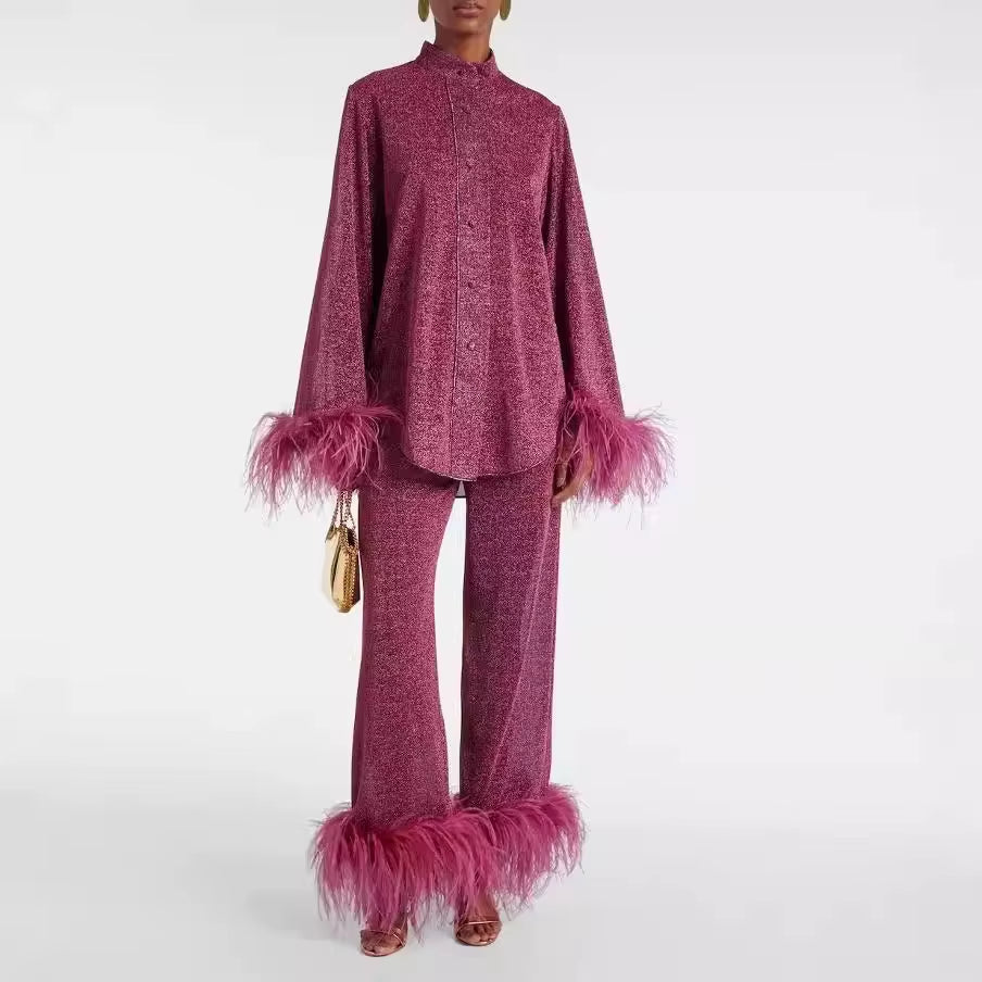 New Niche Design Long Sleeve Feather Stand Collar Top Solid Fashion Casual