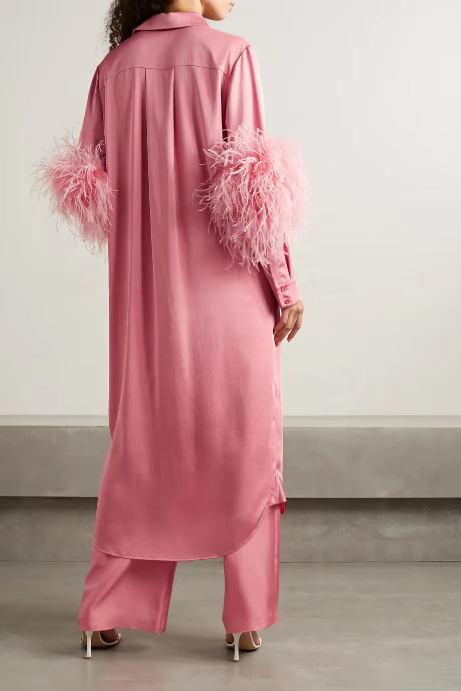 Women Casual Fashion Clothing Loose Button down Blouse Shirts Ladies Satin Feather Trim Midi Dress for Women