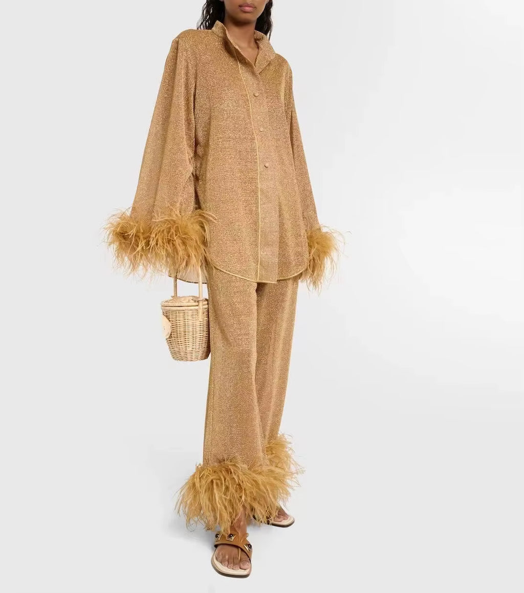 New Niche Design Long Sleeve Feather Stand Collar Top Solid Fashion Casual