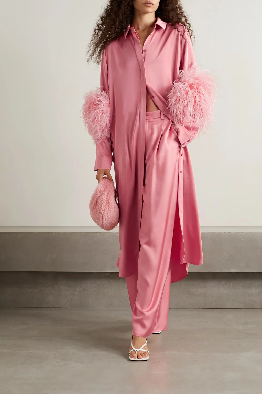 Women Casual Fashion Clothing Loose Button down Blouse Shirts Ladies Satin Feather Trim Midi Dress for Women