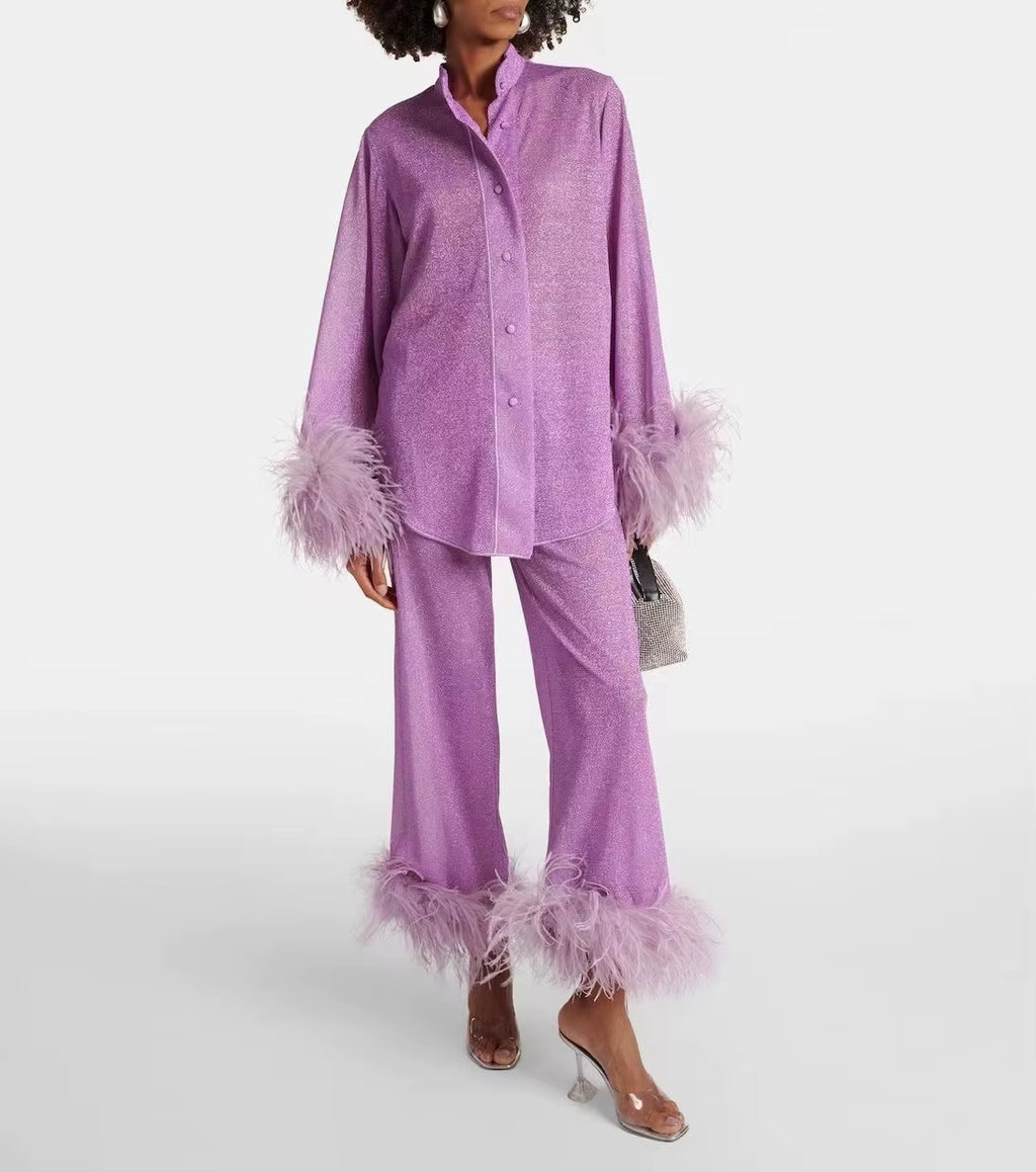 New Niche Design Long Sleeve Feather Stand Collar Top Solid Fashion Casual