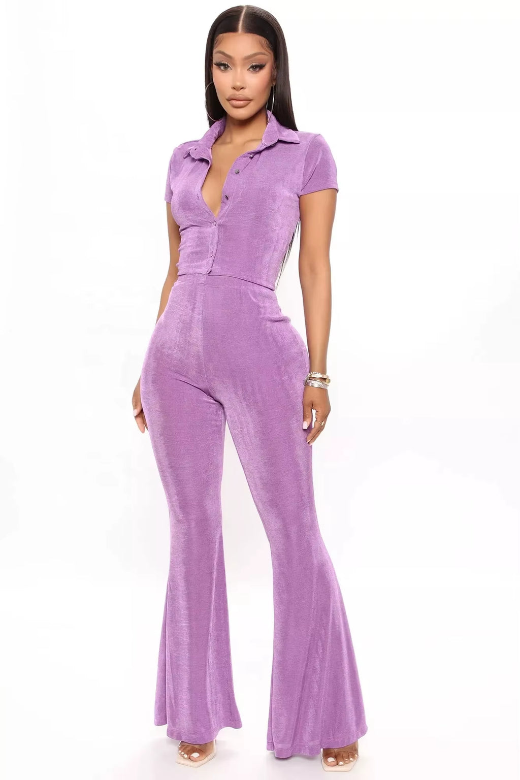 New Arrivals plus Size Short Sleeve Crop Top Casual Women Outfits High Rise Flare Leg Slinky Pant Womens Two Piece Sets