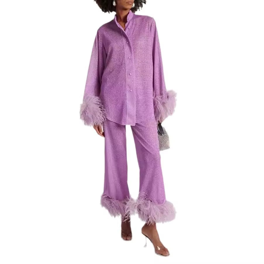 New Niche Design Long Sleeve Feather Stand Collar Top Solid Fashion Casual