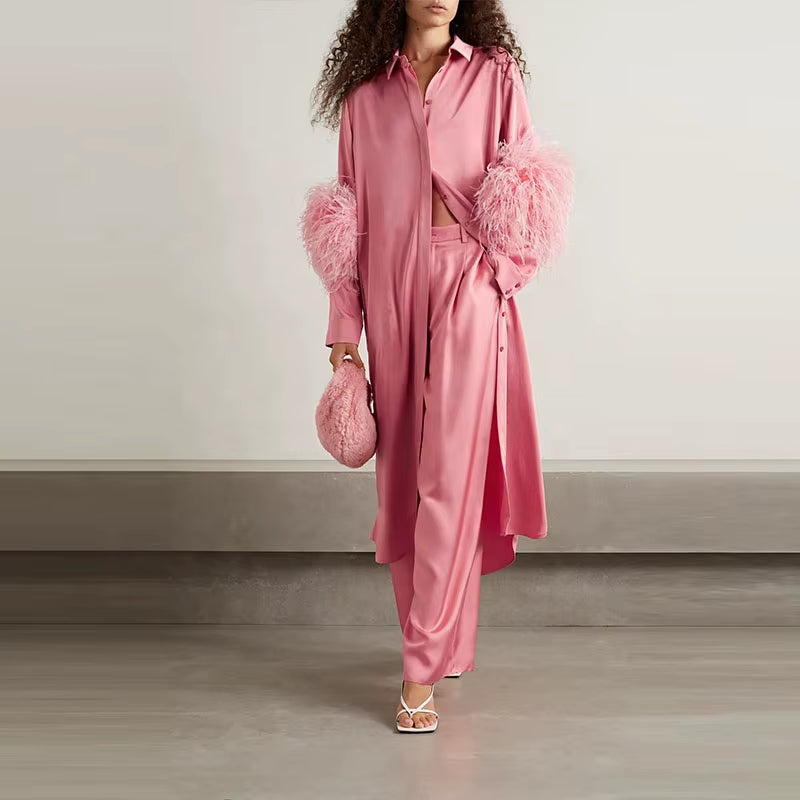 Women Casual Fashion Clothing Loose Button down Blouse Shirts Ladies Satin Feather Trim Midi Dress for Women