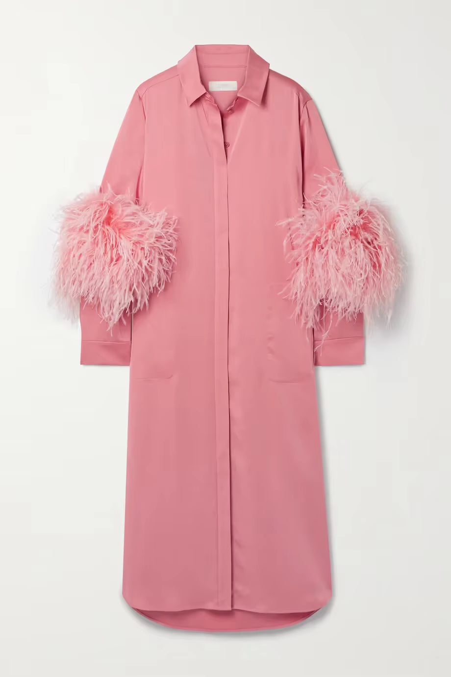 Women Casual Fashion Clothing Loose Button down Blouse Shirts Ladies Satin Feather Trim Midi Dress for Women