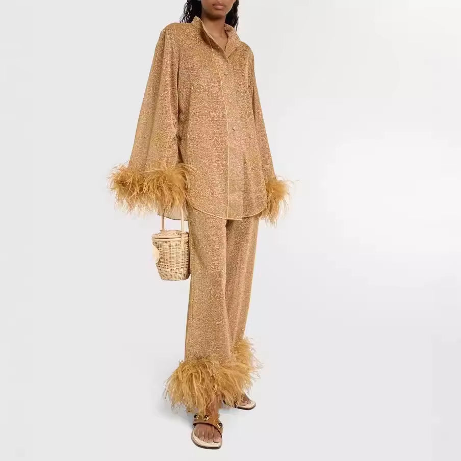 New Niche Design Long Sleeve Feather Stand Collar Top Solid Fashion Casual